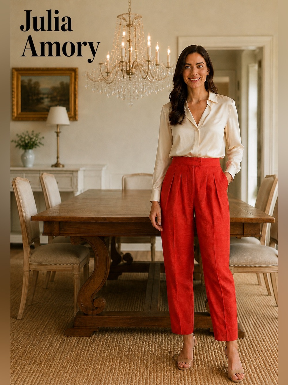 NWT Julia Amory Cherry Red 100% Silk Pleated Pants Size Small